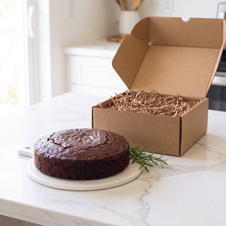 One 1 lb Paris Ruby black fruitcake beside an open kraft shipping box