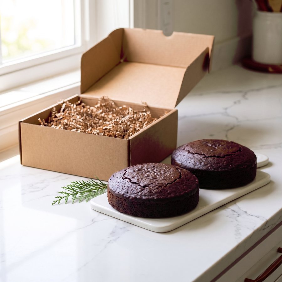Two 1 lb Paris Ruby fruitcakes beside an open kraft shipping box