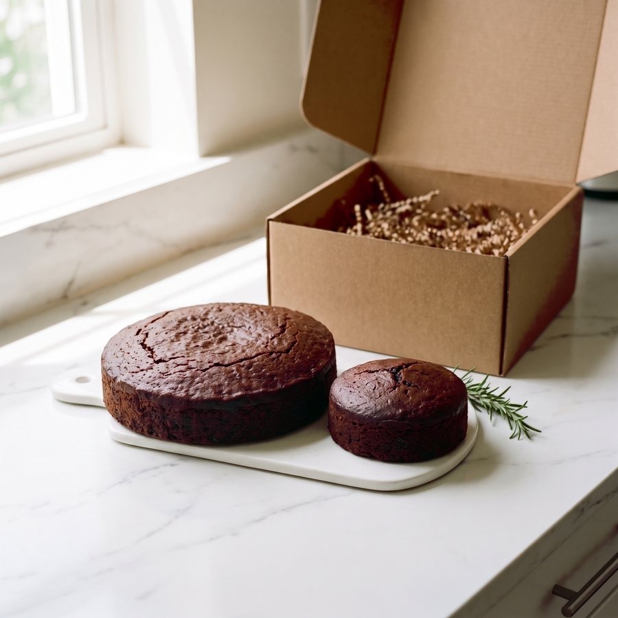 A 1 lb Paris Ruby fruitcake and a half-pound mini beside an open kraft shipping box