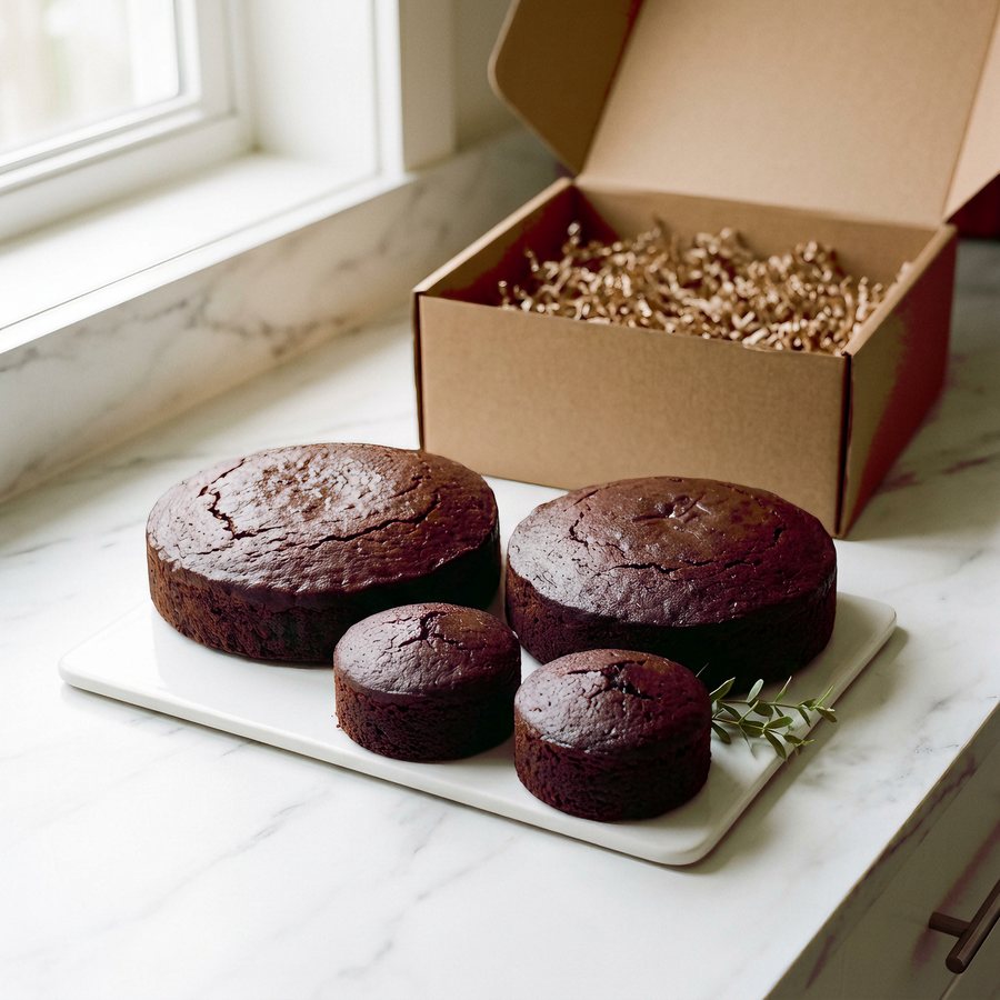 Two 1 lb Paris Ruby fruitcakes and two half-pound minis beside an open kraft shipping box