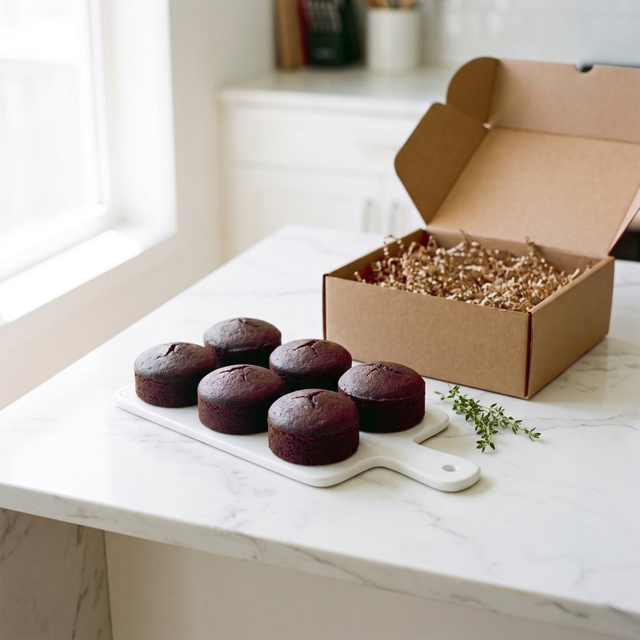 Six half-pound Paris Ruby mini fruitcakes beside an open kraft shipping box