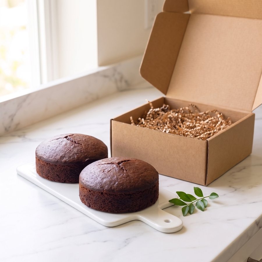 Two half-pound Paris Ruby mini fruitcakes beside an open kraft shipping box