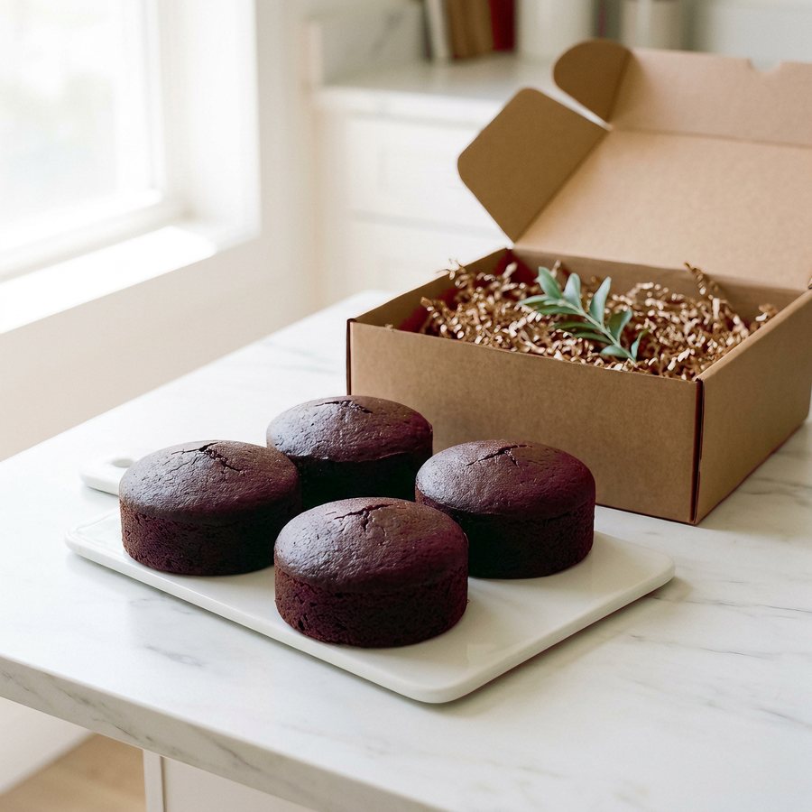 Four half-pound Paris Ruby mini fruitcakes beside an open kraft shipping box