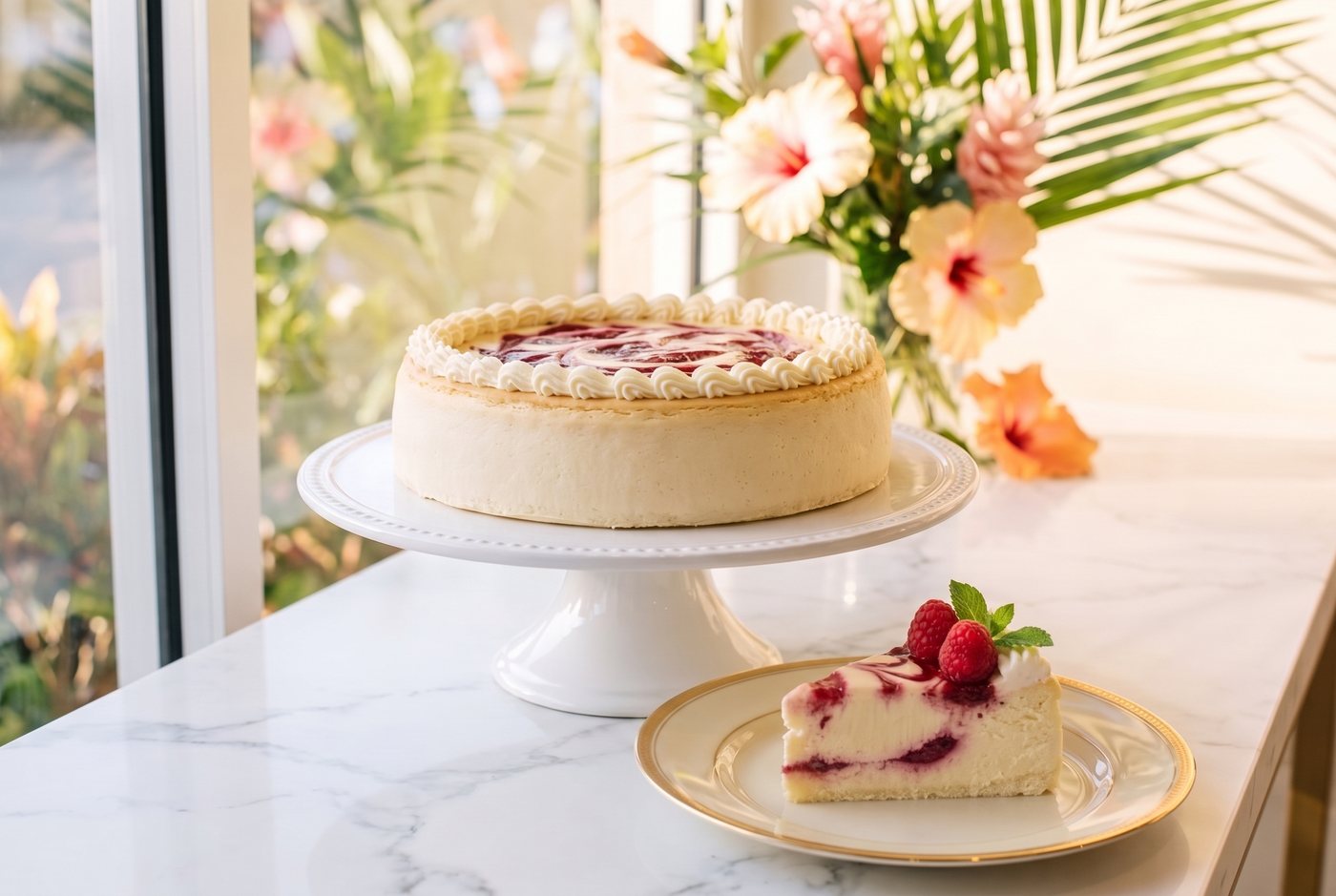 Baked Paris Ruby Cheesecake celebration cake, crustless, finished with a raspberry swirl and a piped cream border, with a plated slice showing the raspberry ripple and fresh raspberries