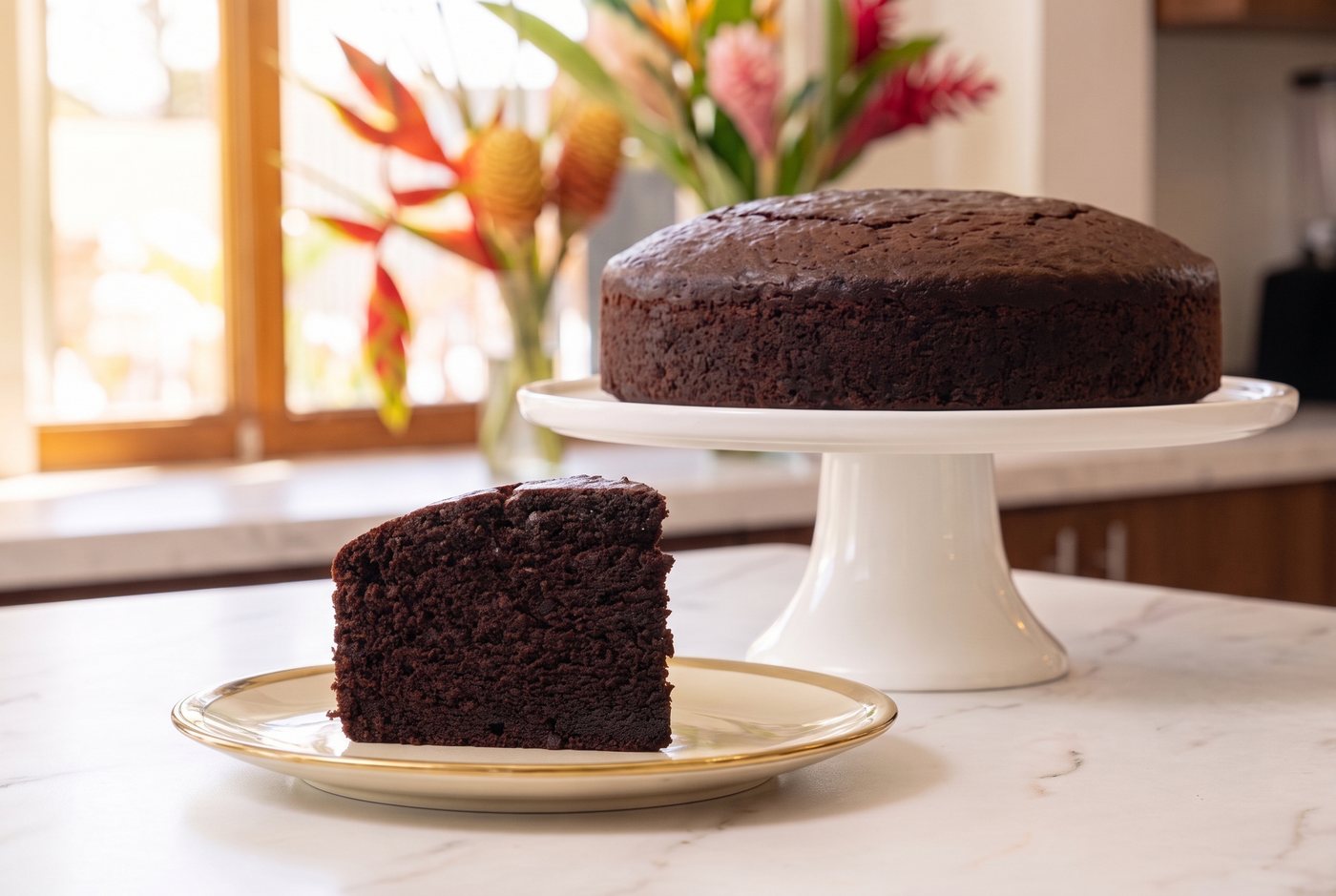 Baked Paris Ruby Fruitcake celebration cake in traditional icing, with a cut slice showing the dark rum fruitcake inside