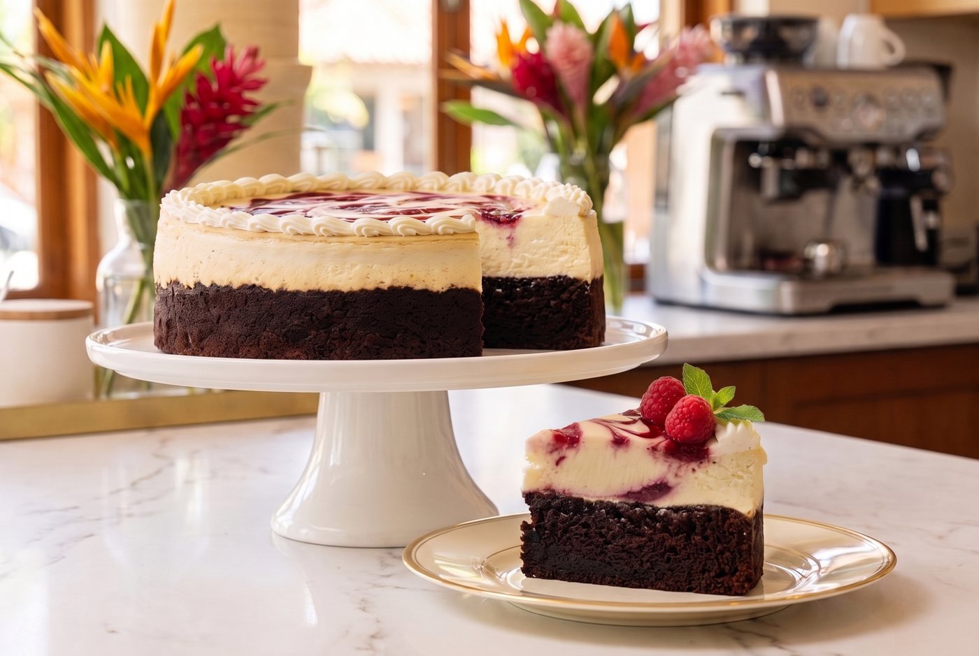 Baked Paris Ruby FruitCheesecake, a dark fruitcake base under a crustless cheesecake layer finished with a raspberry swirl, with a plated slice showing the raspberry ripple and fresh raspberries