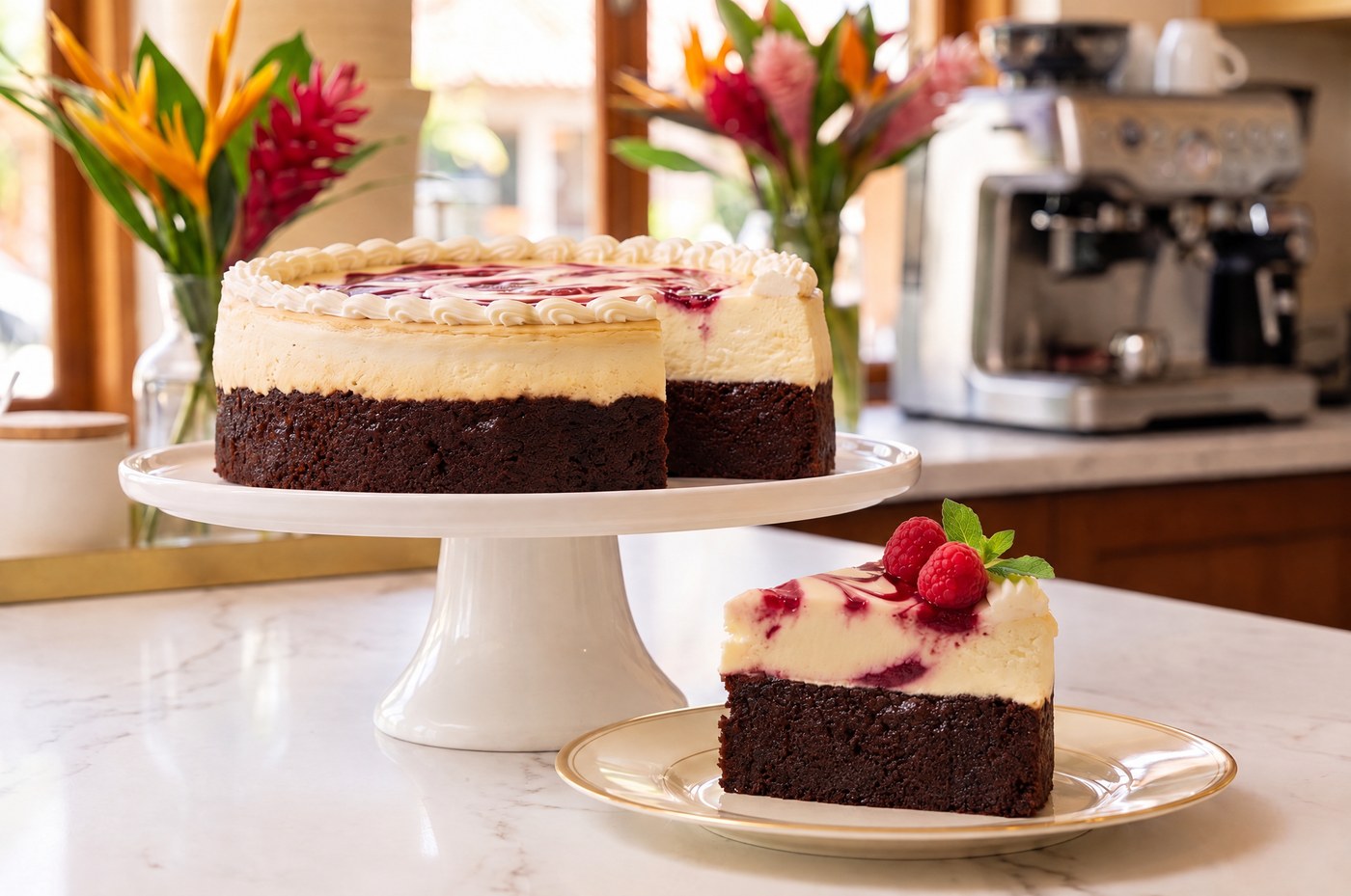 Baked Paris Ruby FruitCheesecake, a dark fruitcake base under a crustless cheesecake layer finished with a raspberry swirl, with a plated slice showing the raspberry ripple and fresh raspberries