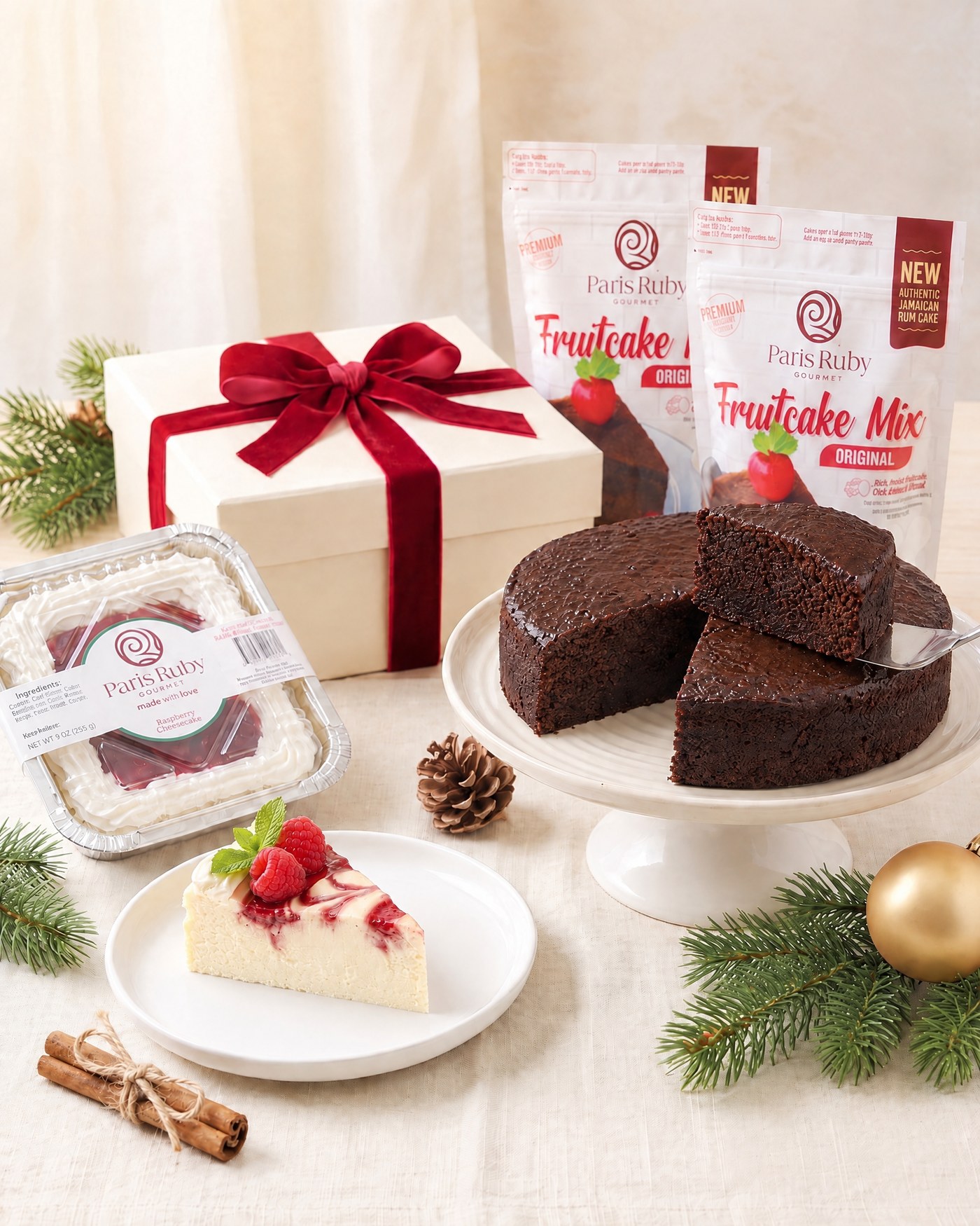 A Piece of Jamaica Christmas premium gift bundle with fruitcake and cheesecake in a ribboned box