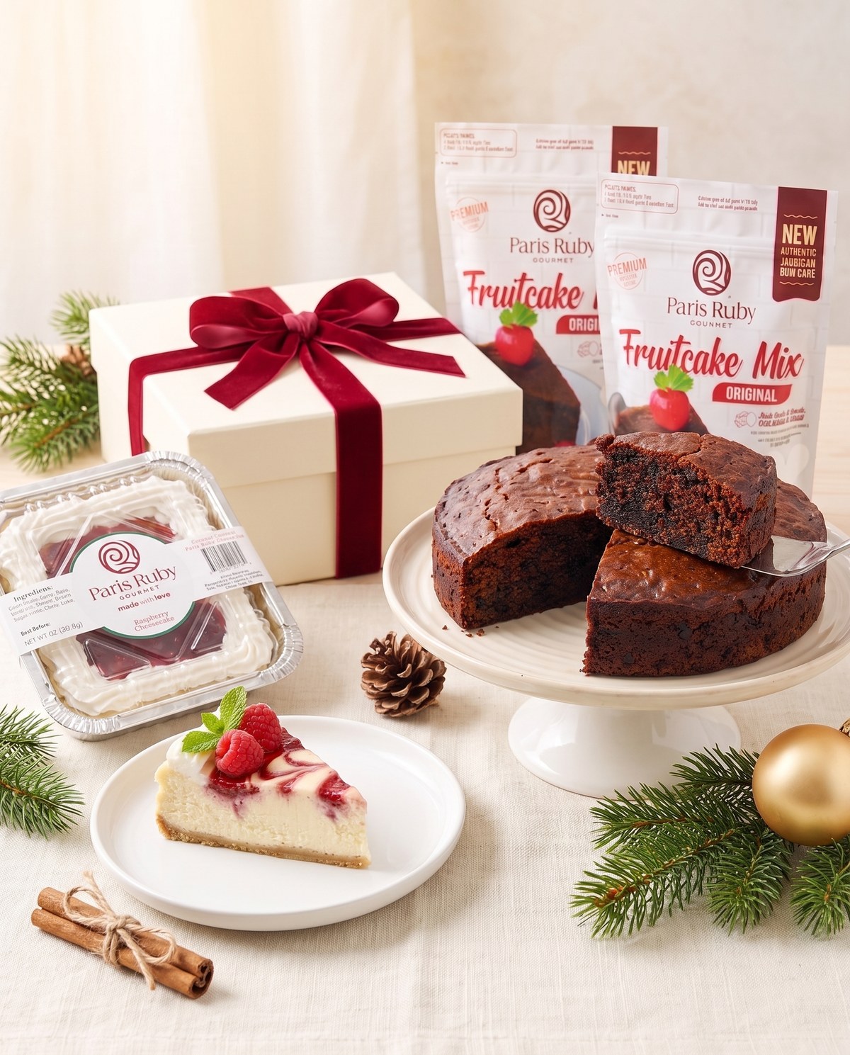 A Piece of Jamaica Christmas premium gift bundle with fruitcake and cheesecake in a ribboned box