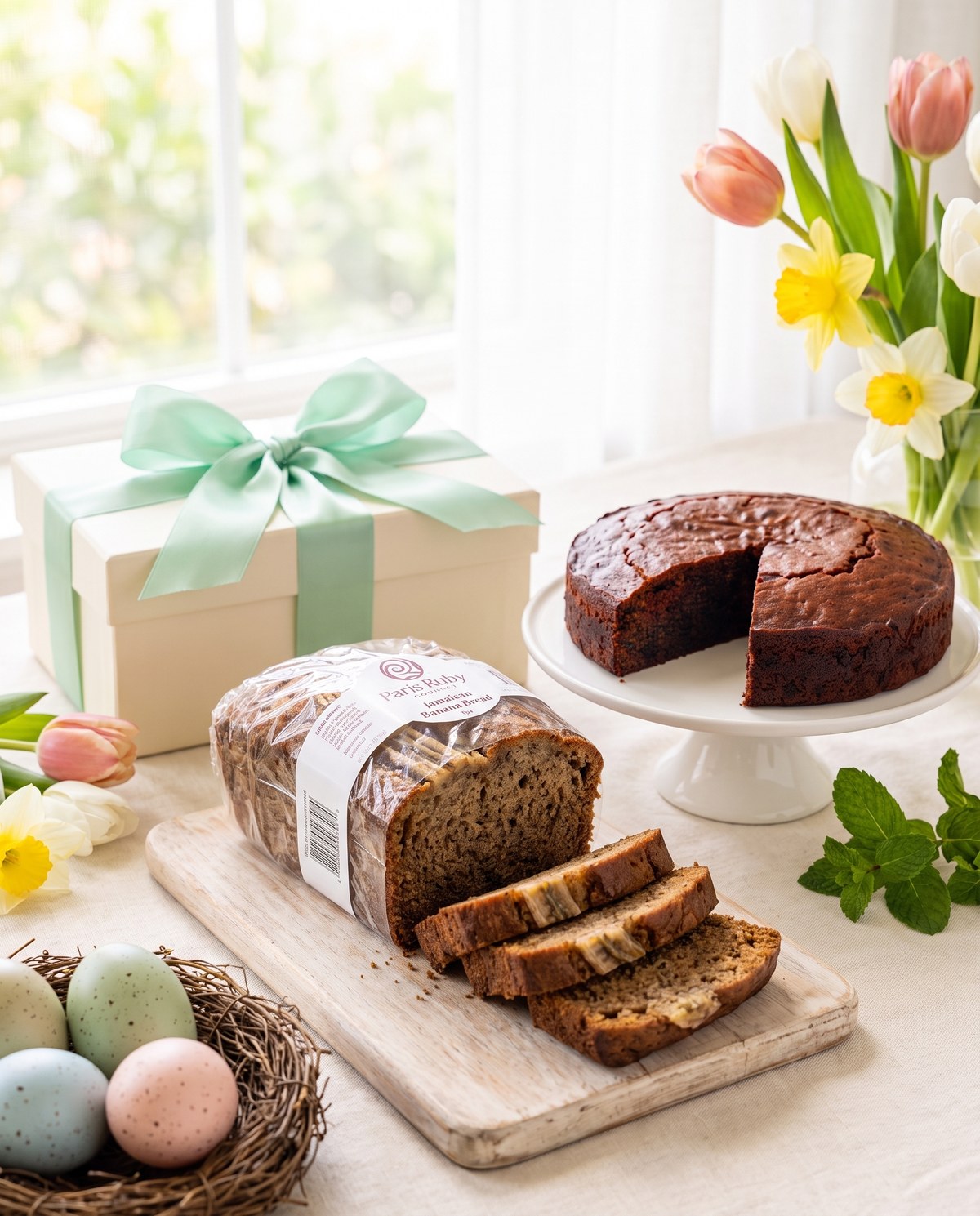 Easter Basket gift bundle with Banana Bread, a mini fruitcake, pastel eggs and spring flowers