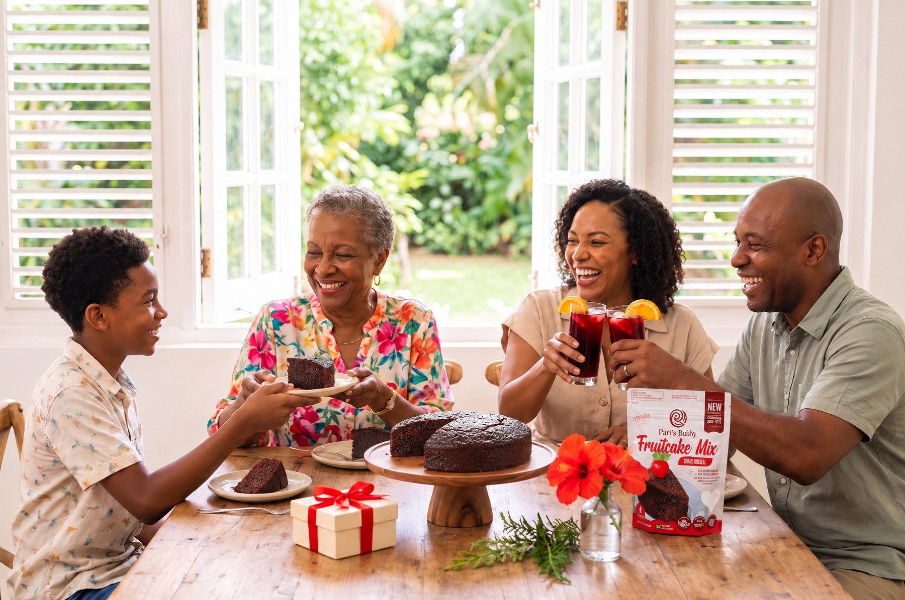 A Jamaican teenager serving his grandmother a slice of Paris Ruby fruitcake while his parents toast with sorrel