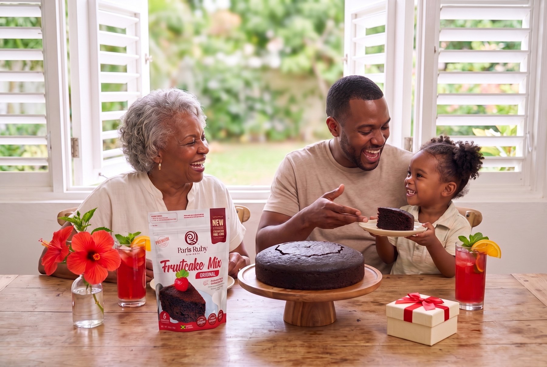 A Jamaican family sharing Paris Ruby fruitcake together at home