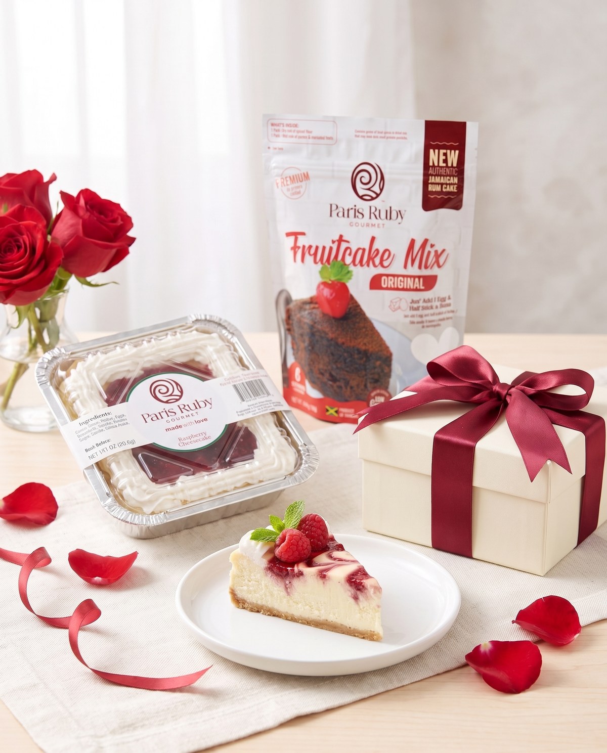 Valentine's Sweetheart gift bundle with raspberry crustless cheesecake, roses and Fruitcake Mix