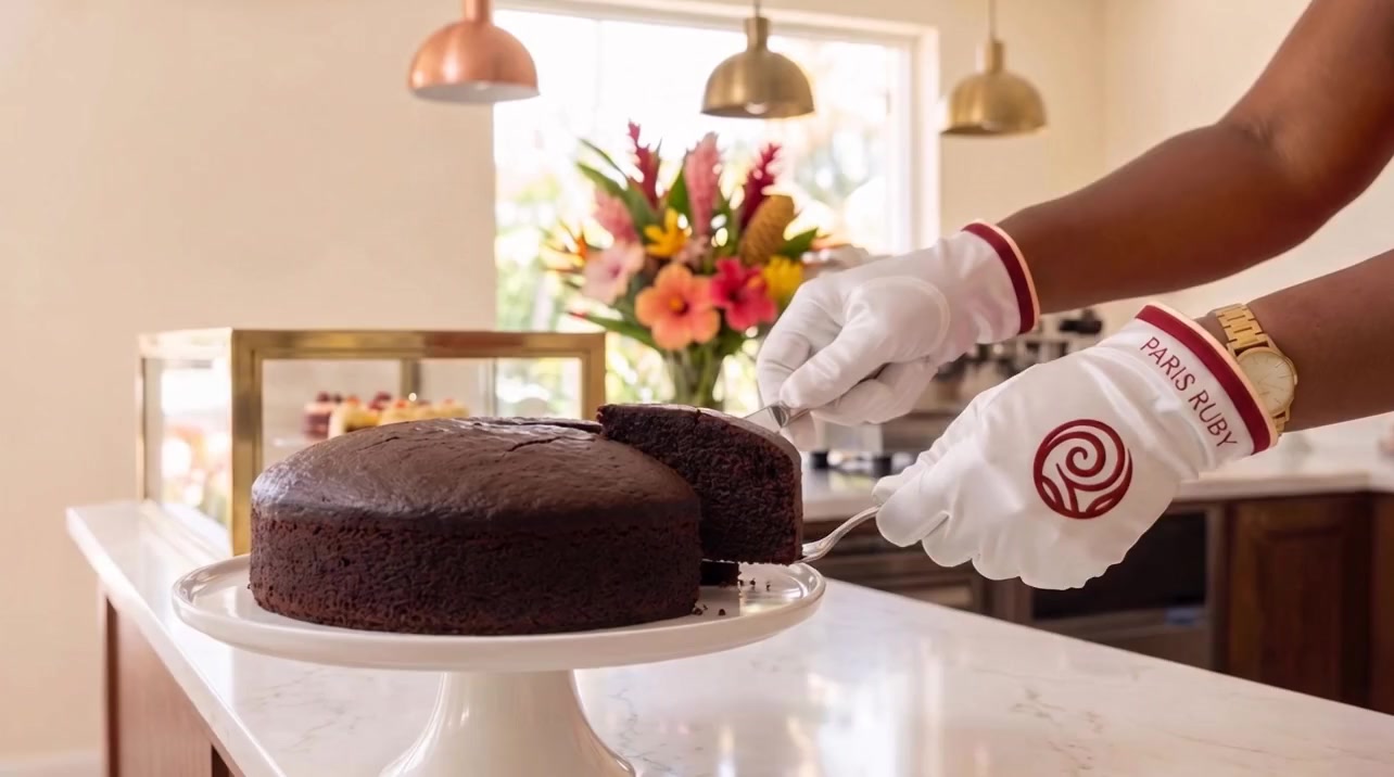 Slicing a Paris Ruby fruitcake