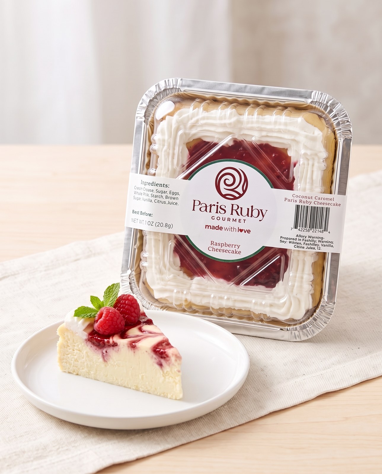 Paris Ruby Crustless Cheesecake, whole on a cake stand with a cut slice showing no crust