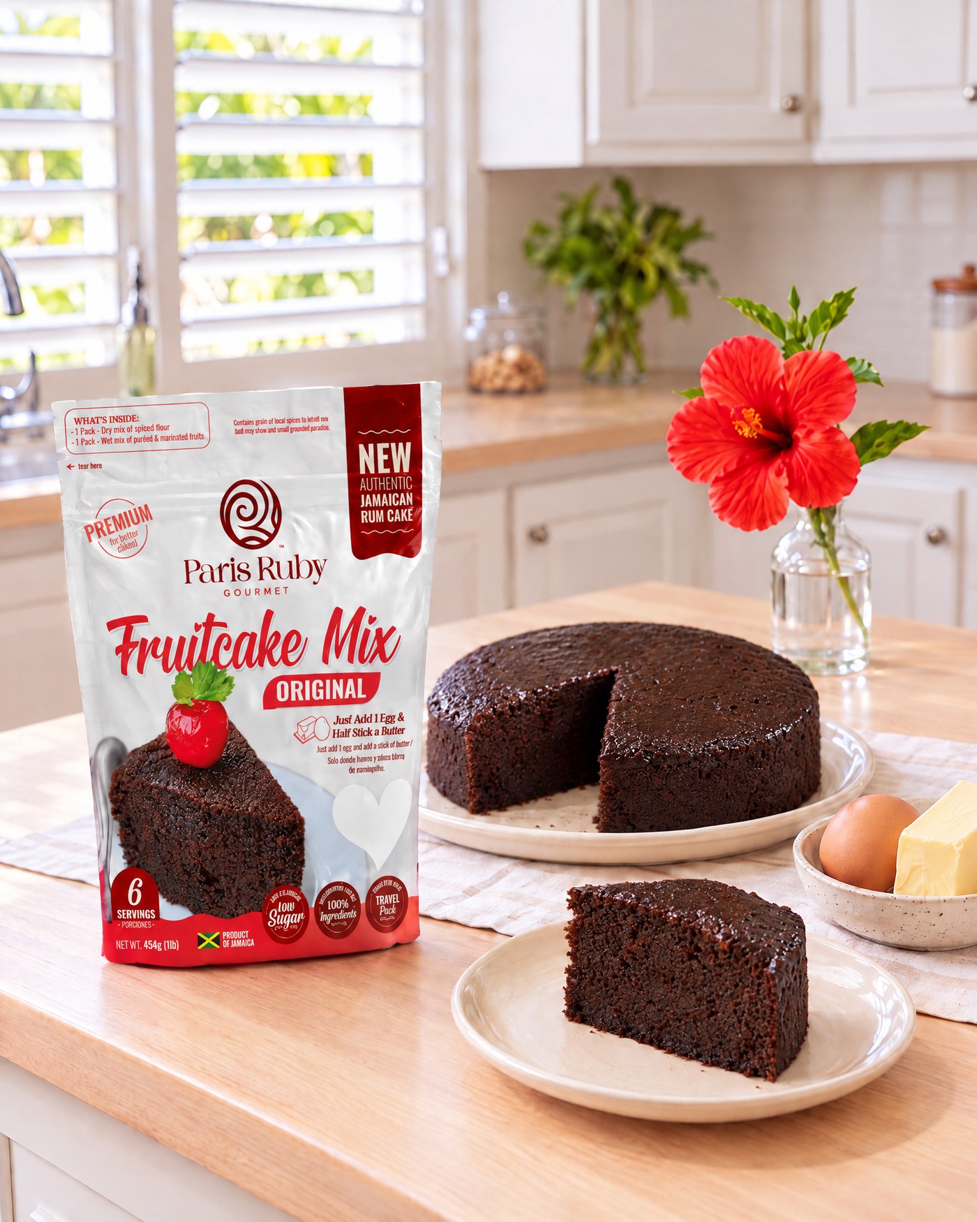 Paris Ruby Fruitcake Mix with baked fruitcake, egg and butter