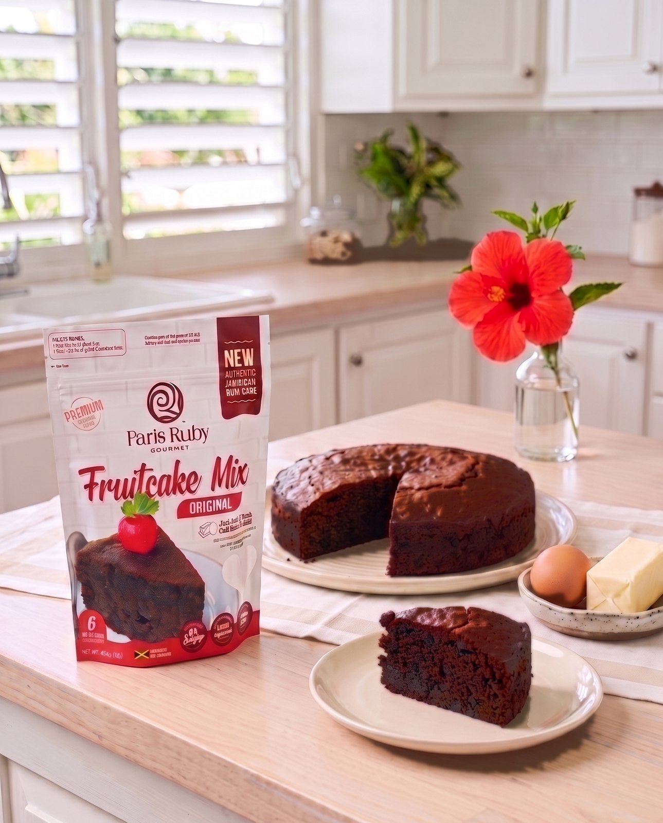 Paris Ruby Fruitcake Mix with baked fruitcake, egg and butter