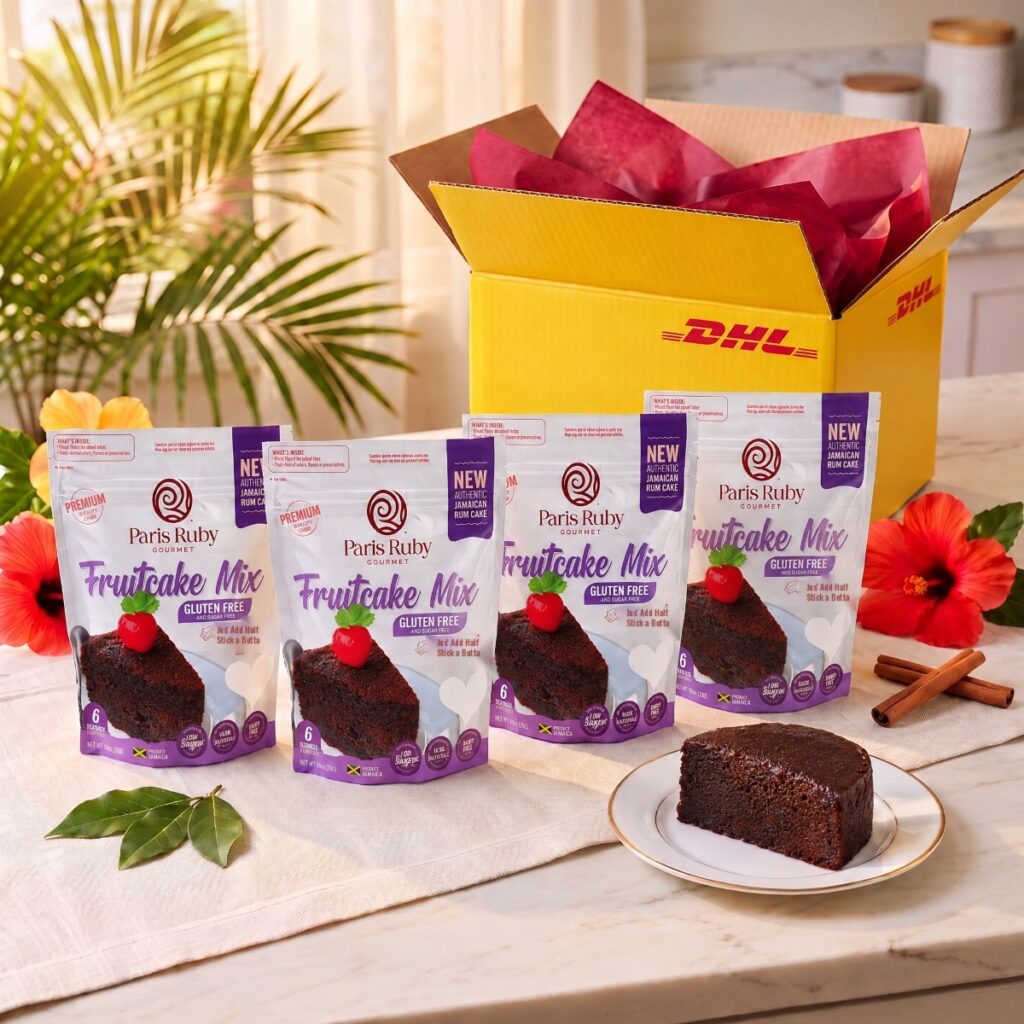 Four Gluten Free, Eggless Paris Ruby Fruitcake Mix packs beside an open yellow DHL Express box