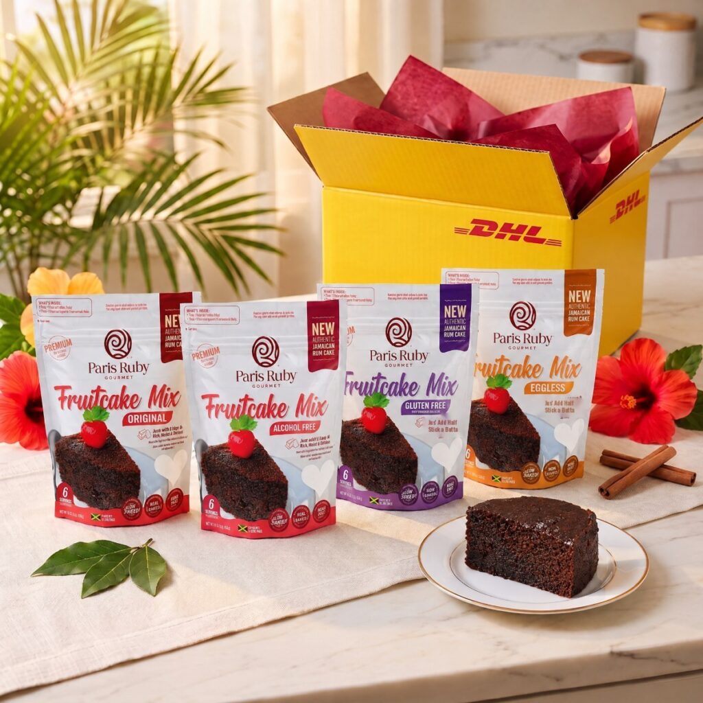 Four Paris Ruby Fruitcake Mix packs in different flavours beside an open yellow DHL Express box