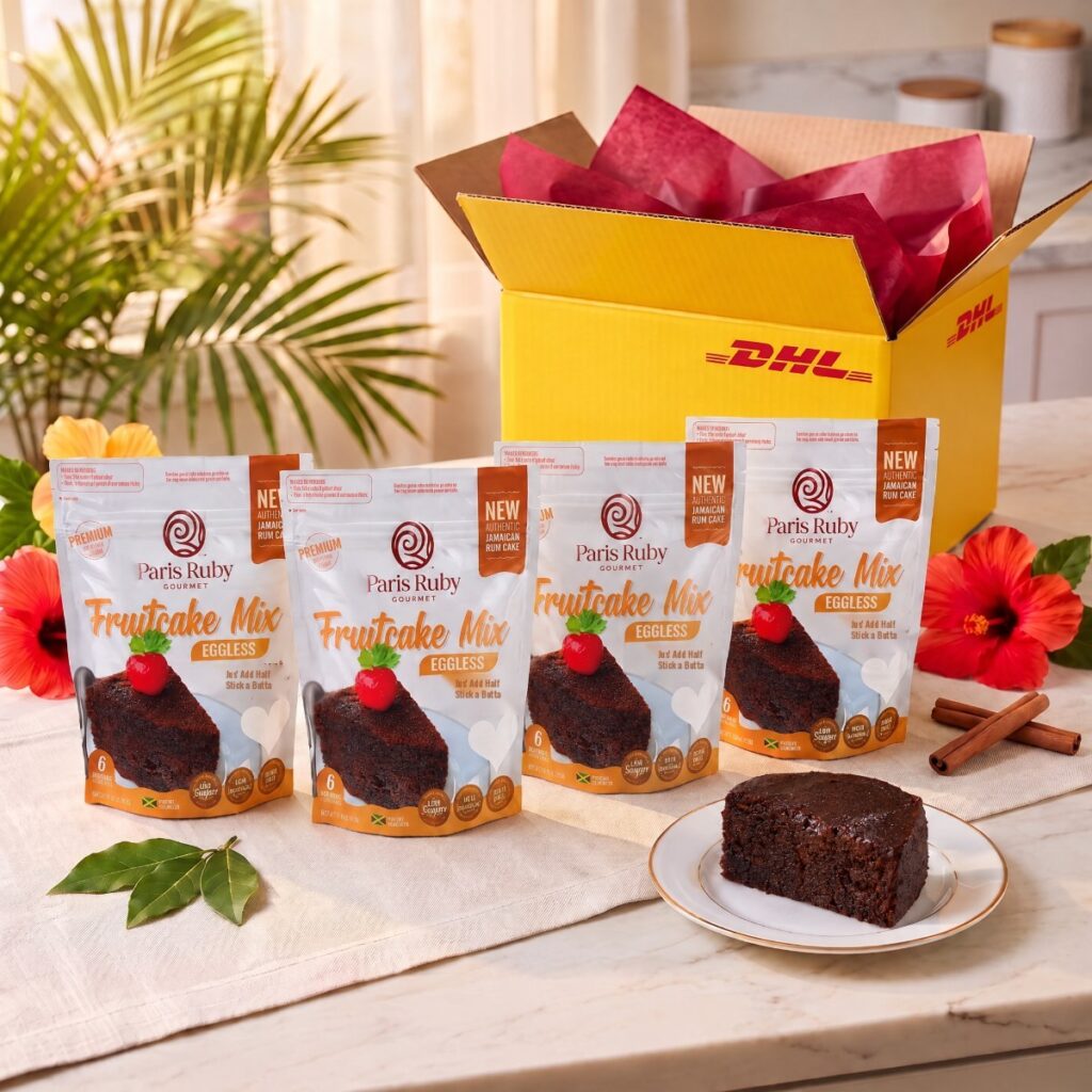 Four Eggless Paris Ruby Fruitcake Mix packs beside an open yellow DHL Express box